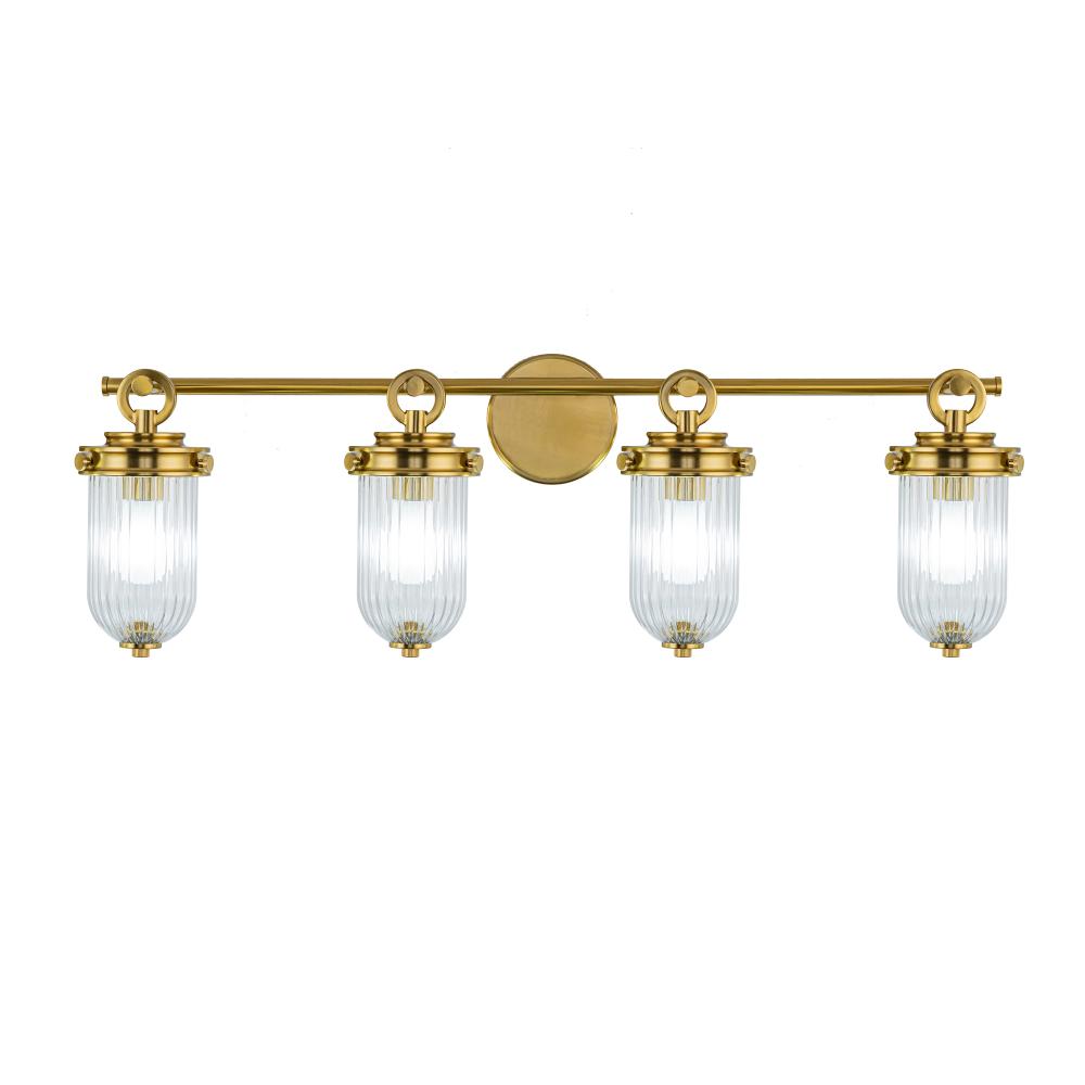 Myla 4 Light Bathroom Vanity, Vintage Brass with Ribbed Glass Glassware