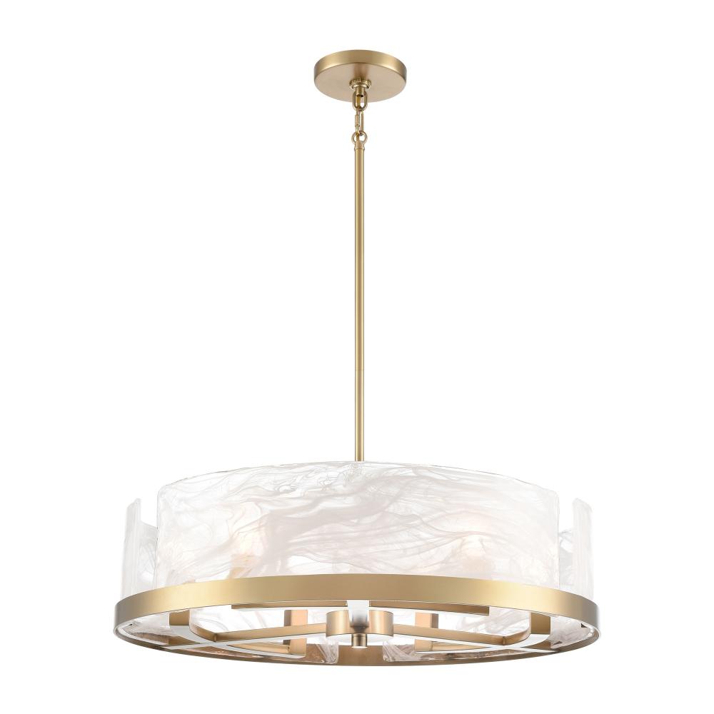 Skye 6 Light Chandelier, Brass with Wispy White Murano Style Glass