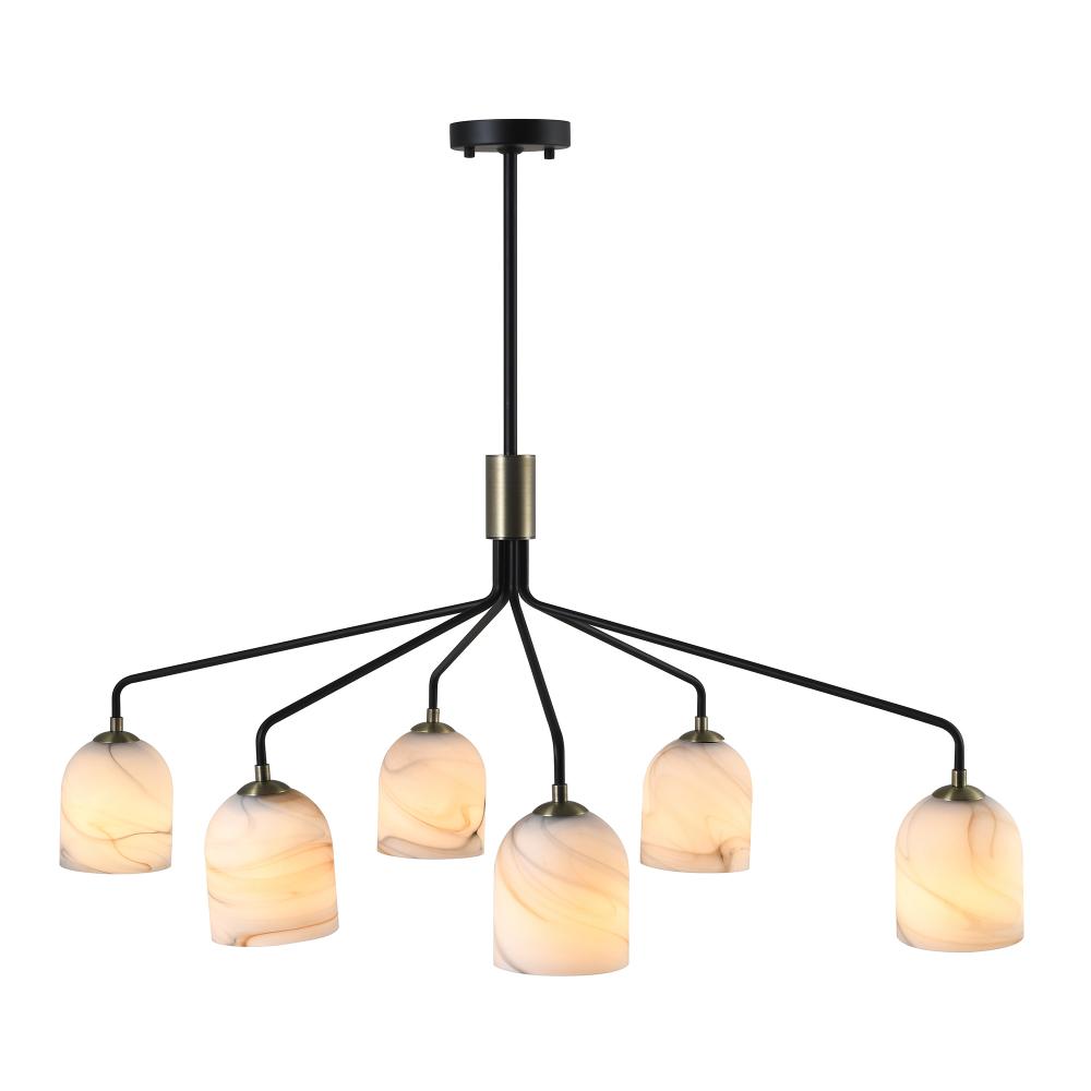 Crema 6 Light Chandelier, Black, Brushed Brass with Alabaster style glass