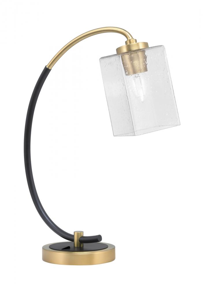 Desk Lamp, Matte Black & New Age Brass Finish, 4" Square Clear Bubble Glass