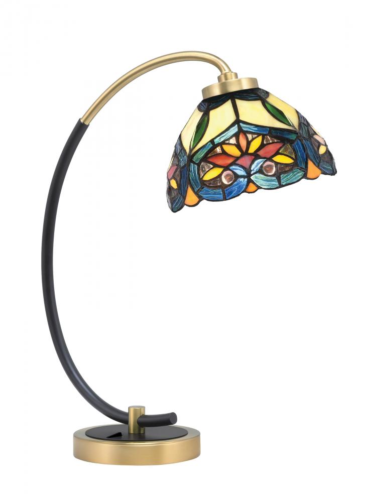 Desk Lamp, Matte Black & New Age Brass Finish, 7" Pavo Art Glass