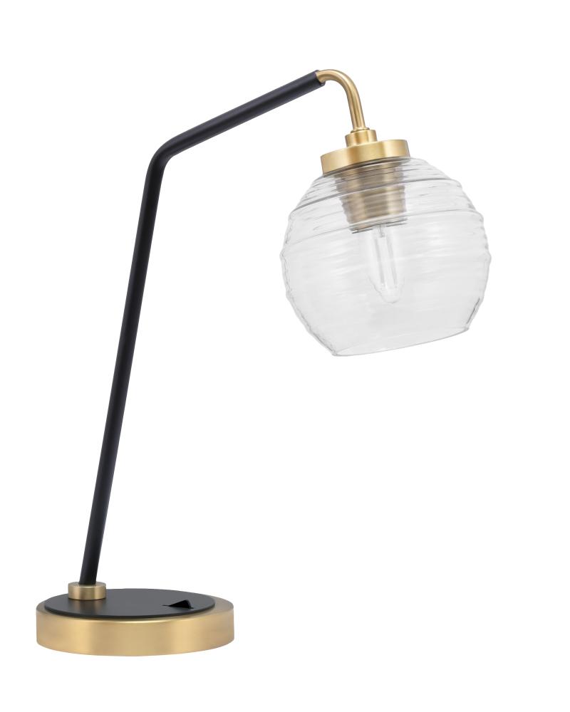 Desk Lamp, Matte Black & New Age Brass Finish, 6" Clear Ribbed Glass