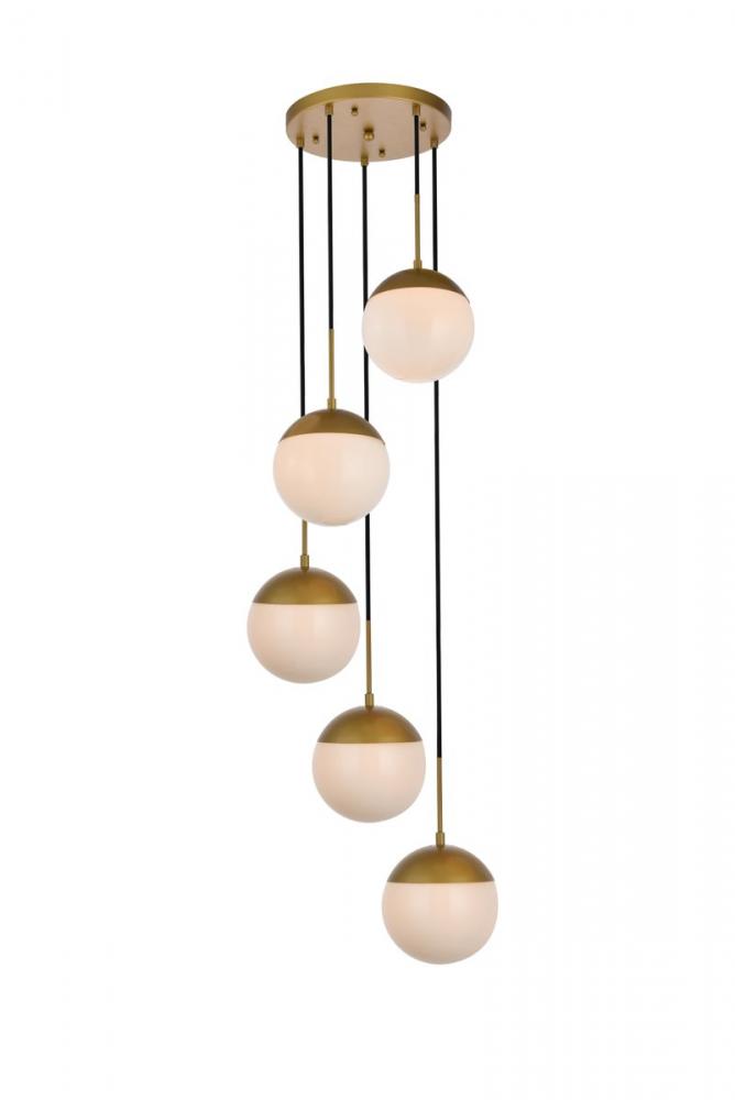 Eclipse 5 Lights Brass Pendant with Frosted White Glass