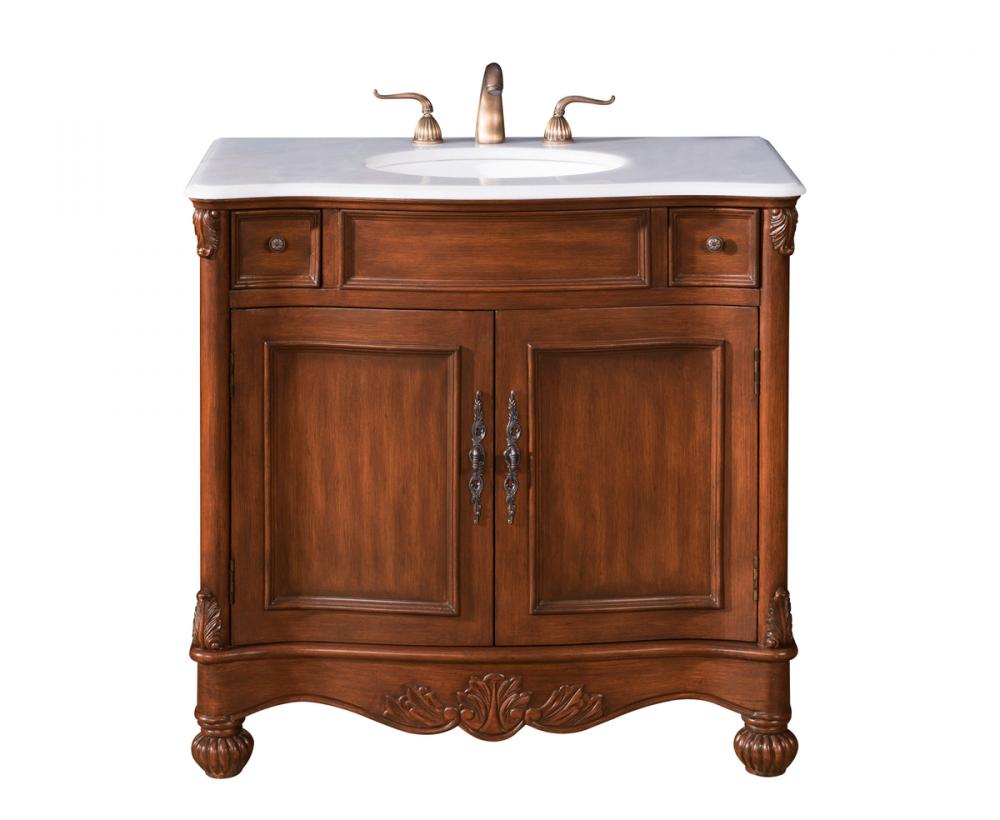 36 Inch Single Bathroom Vanity in Brown with Ivory White Engineered Marble