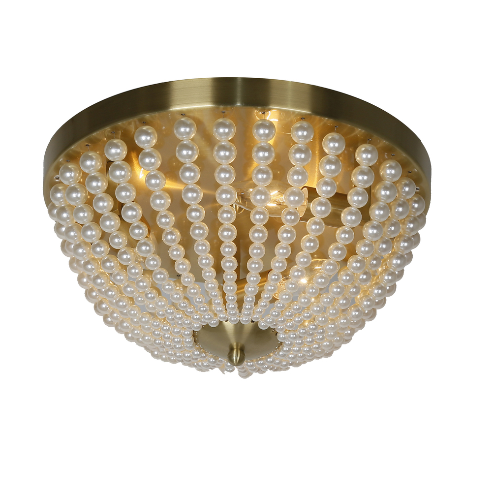 3LT Incandescent Flush-Mount, Aged Brass w/ Pearls