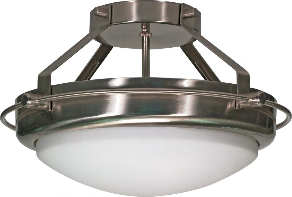 2-Light Semi Flush Mount Dome Lighting Fixture in Brushed Nickel Finish with White Opel Glass and