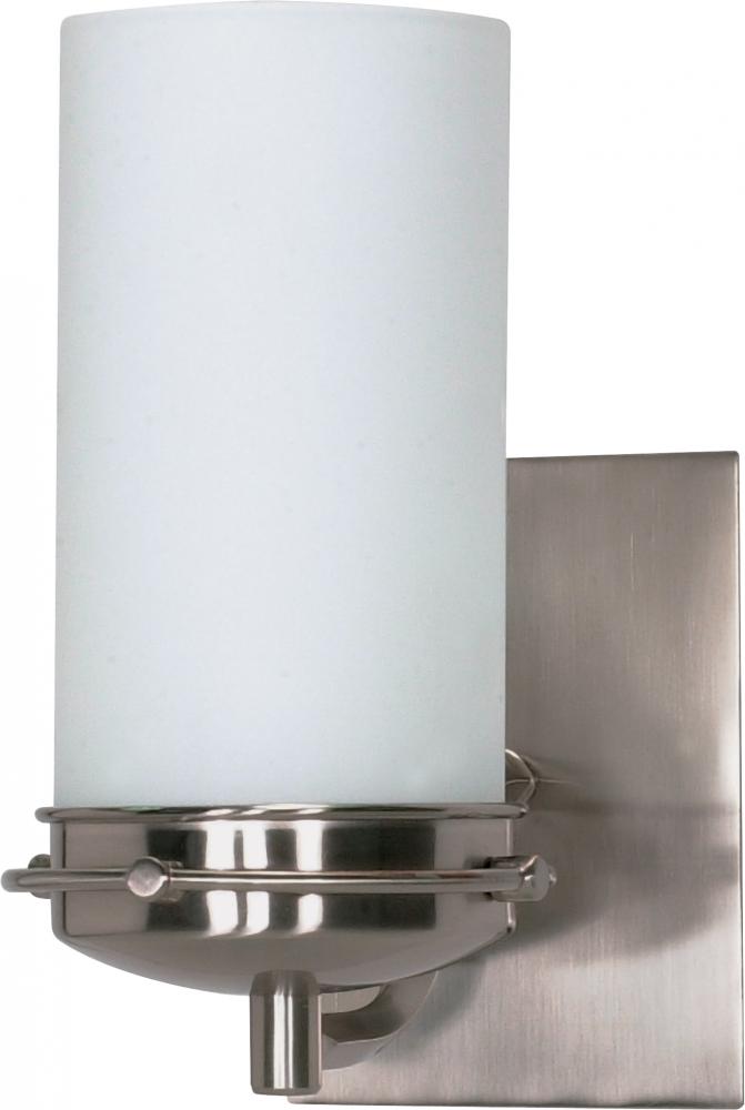 1-Light Wall Mounted Vanity Fixture in Brushed Nickel Finish with White Opel Glass and (1) 13W GU24